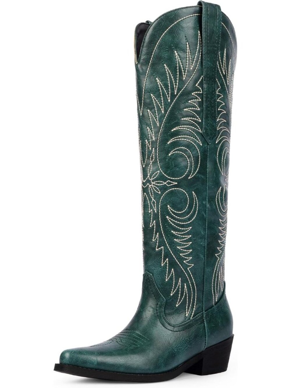 👢Women's Green Pu Knee High Cowgirl Boots Embroidered Pointed Toe Western Boots